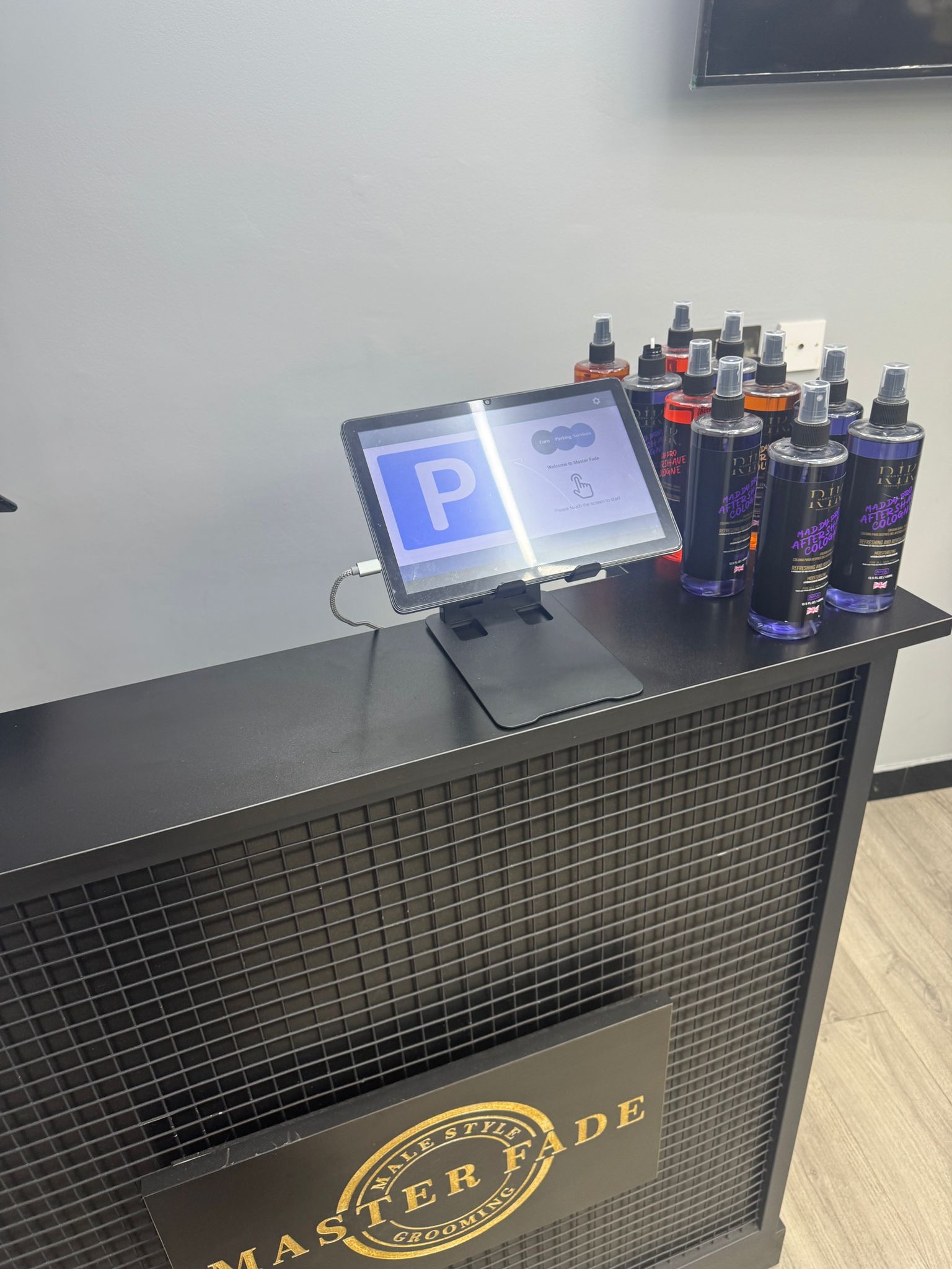 Parking registration kiosk inside Master Fade